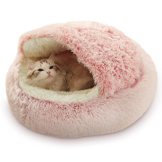 Hooded cave cat bed, round plush calming bed for cats and small dogs