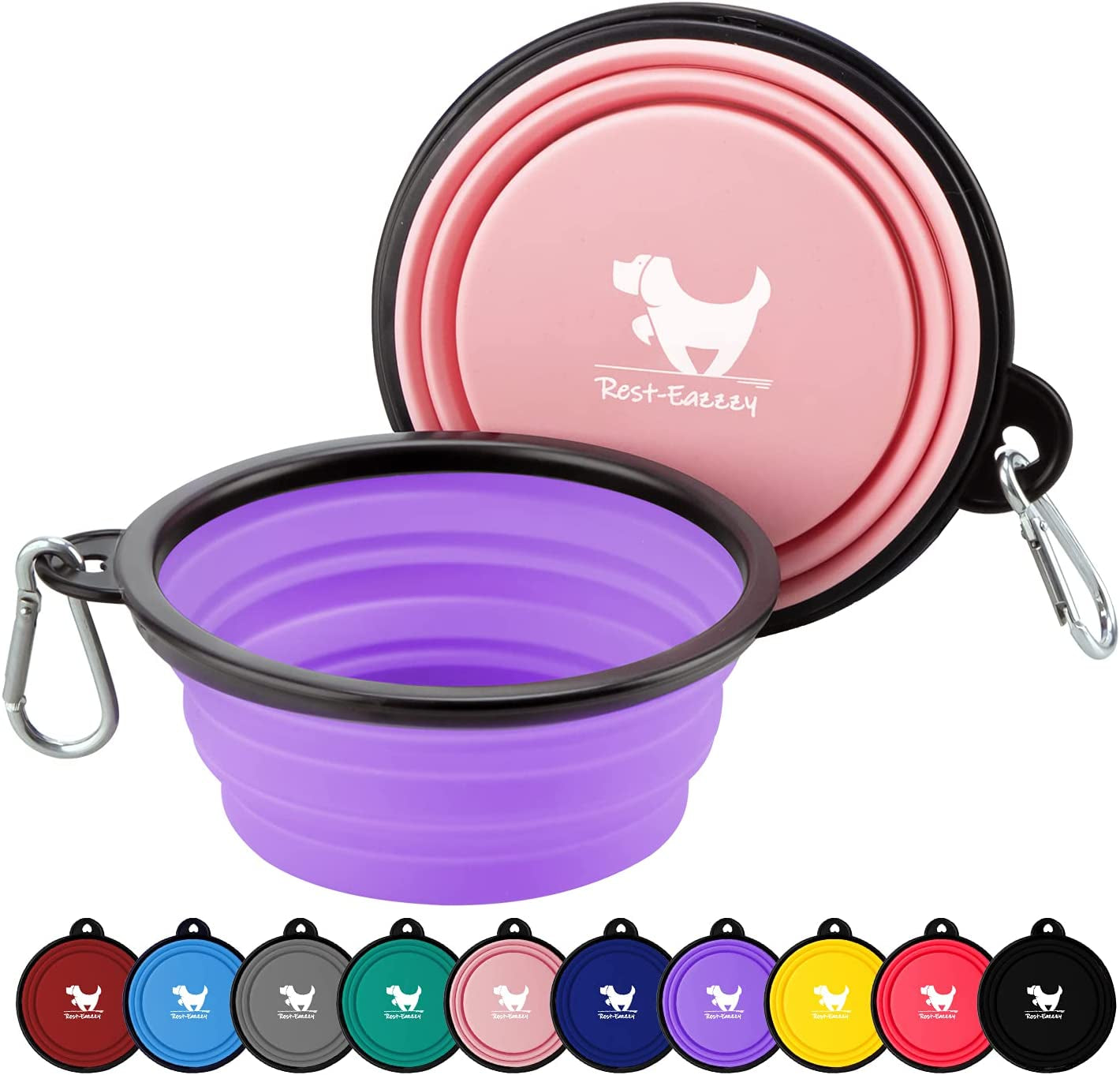 Collapsible travel dog bowls, 2-pack with carabiner clips
