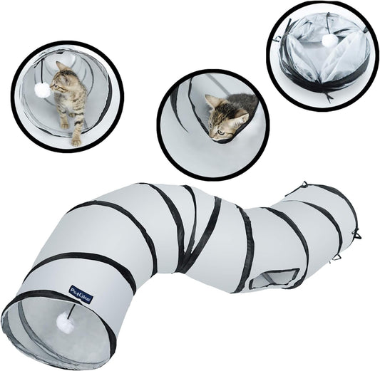 Interactive S-Shaped Cat Tunnel – Collapsible Pop-Up Hideaway Toy with Hanging Ball for Indoor Cats