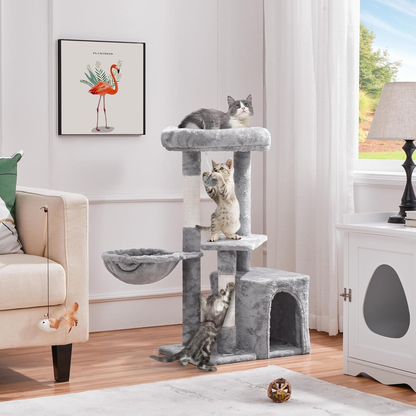 34" Cat Tree Tower for Indoor Cats – Plush Cat Condo, Cozy Basket Bed & Multi-Level Activity Center